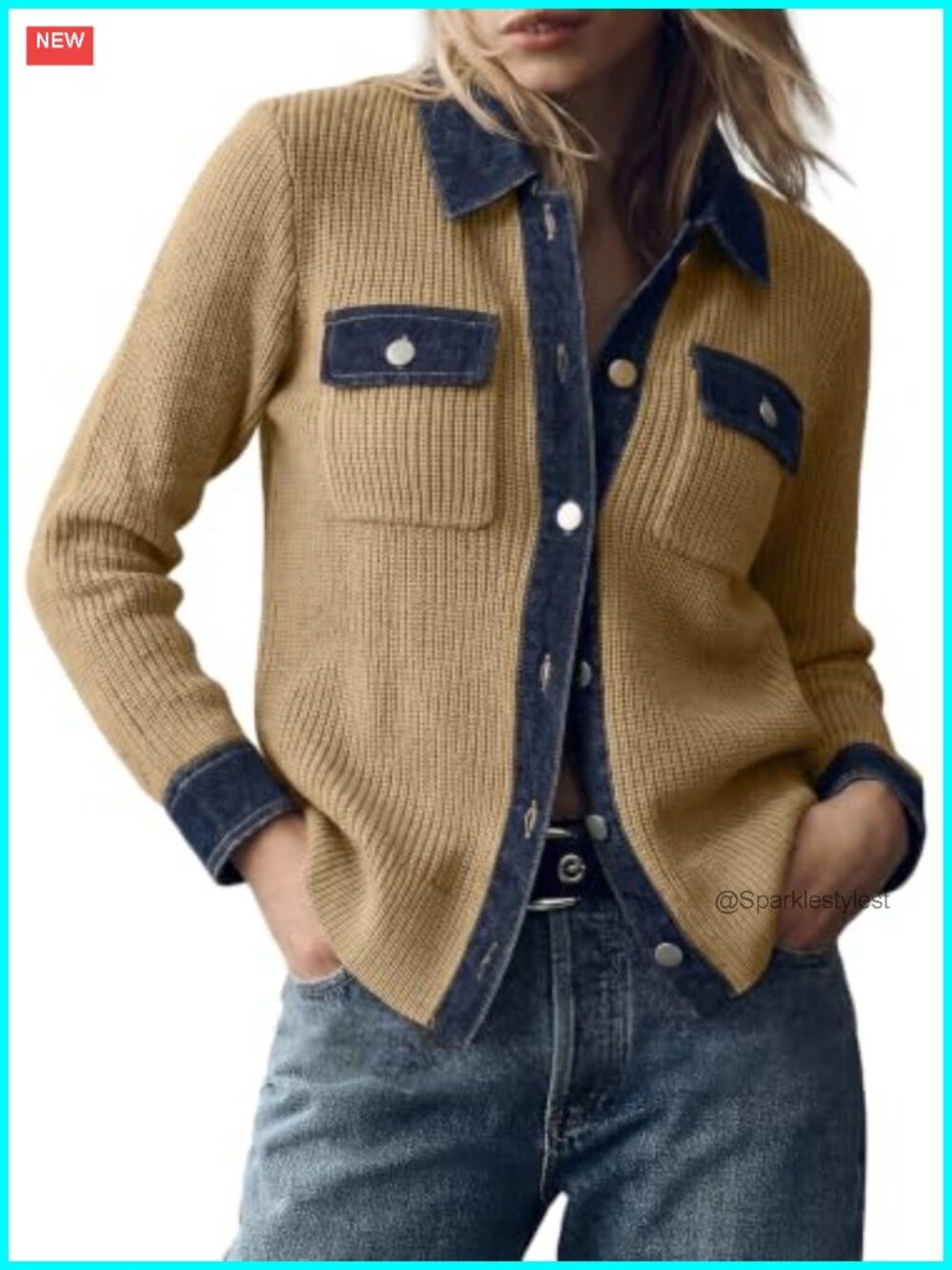 Waffle Knit Button Down Denim Trim Cardigan Sweater Oversized Fall Layer